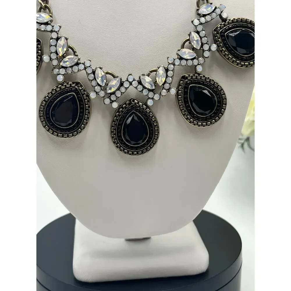 J. Crew Black‎ Rhinestone Teardrop Bead Gold Tone Chain Opalescent Necklace
